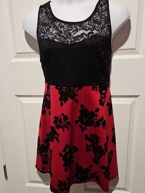 Vibe Black Lace Top Red Floral Skater Dress
